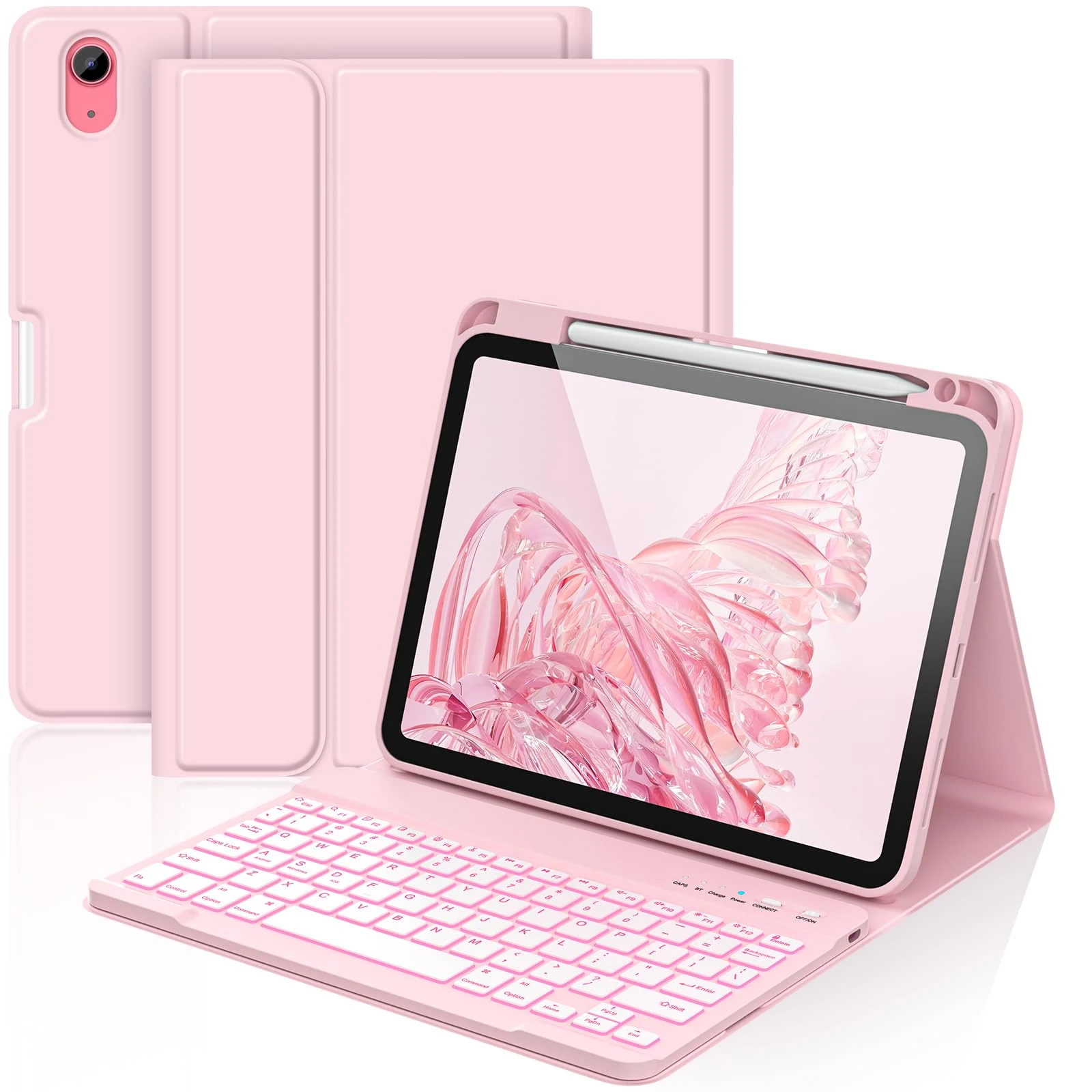aMZCaSE for iPad A16 11th Generation 2025/10th Keyboard Case with 2022(10.9/11 Inch),7 Colors Backlight Detachable Folio Keyboard Cover,UK Layout with Pen Holder for iPad 10/11 Gen (Light Pink)