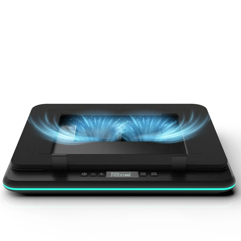 KLIM Turbofrost Laptop Cooling Pad for Gaming – 4 x 4000 RPM Turbo Fans, RGB Lighting, 4 USB Ports, Dual Power (USB-C/DC), Sealed Foam for Fast Cooling – Fits Up to 17” Laptops – Black