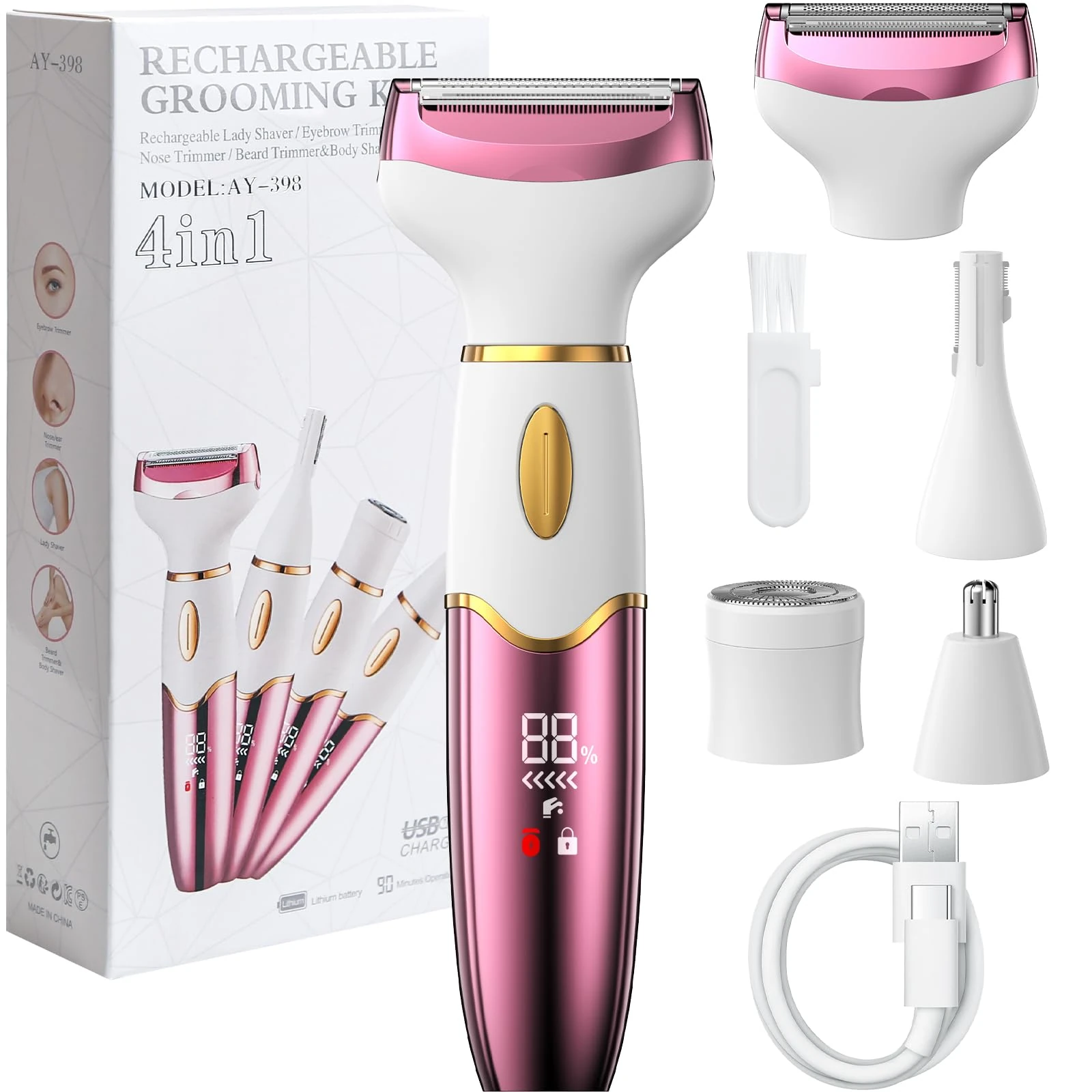 Koeutoze 4-in-1 Electric Women's Shaver with Digital Display, IPX7 Waterproof, Bikini Trimmer Facial Hair Remover, Intimate Shaver for Face, Intimate Area, Armpits, Legs, Wet & Dry USB Charging