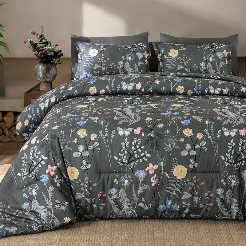 Yiran 7 Piece Grey Floral Comforter Set Queen Size, Botanical Flowers Bed in a Bag Queen, Soft Microfiber Complete Bedding Set with Sheets for All Season
