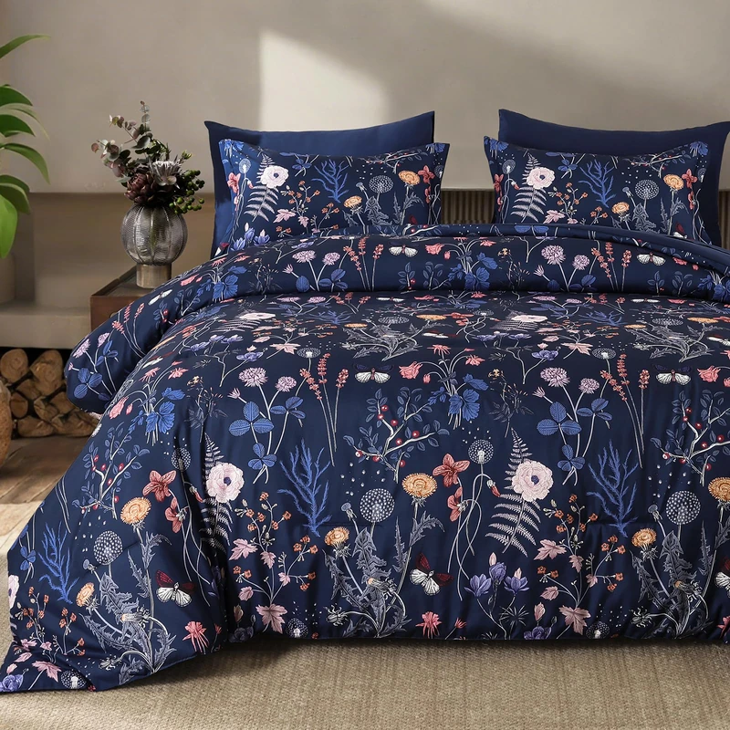 Yiran King Size Comforter Set, 7 Pieces Navy Blue Floral Soft Bedding Sets, King Bed in a Bag with Botanical Flowers Winter Comforter, Sheets, Pillowcases & Shams