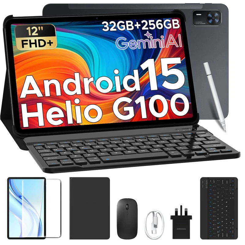 Tab E3+ Tablet with Keyboard, Helio G100 Android Tablets 12 Inch Android, 32GB+256GB/2TB, 2.4K AI Tablets Octa-Core, 90 Hz Tablet With SIM Card Slot, 8800mAh, 7.6mm/Quad Speakers/Face ID
