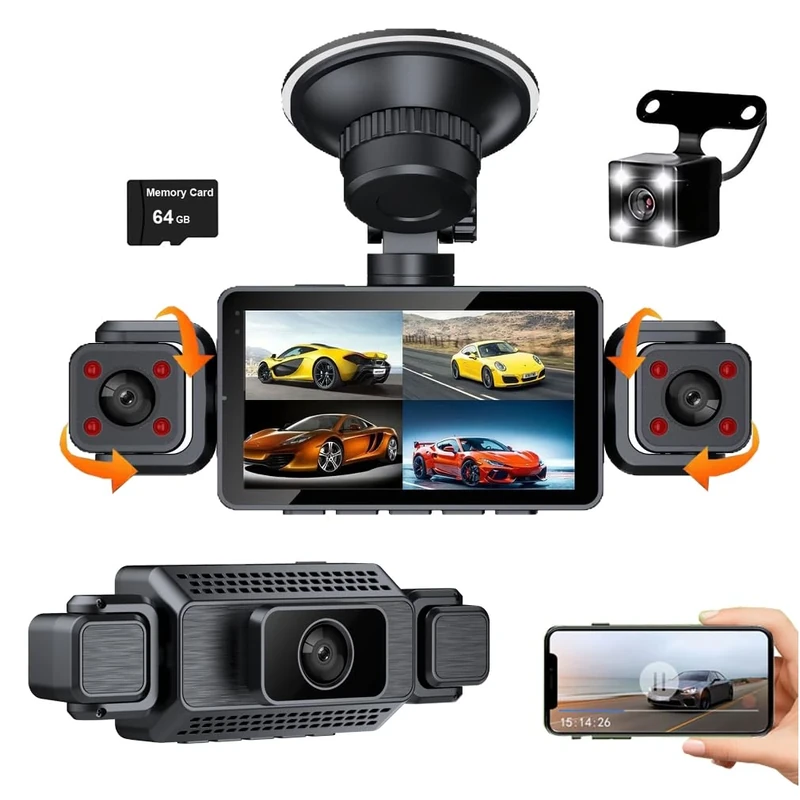 4 Channels Dash Cam For Cars,360 Degrees View Panoramic Protection WIFI APP Video Recorder, HD 1080P Car DVR,Rear View Camera Night Vision Parking Monitor