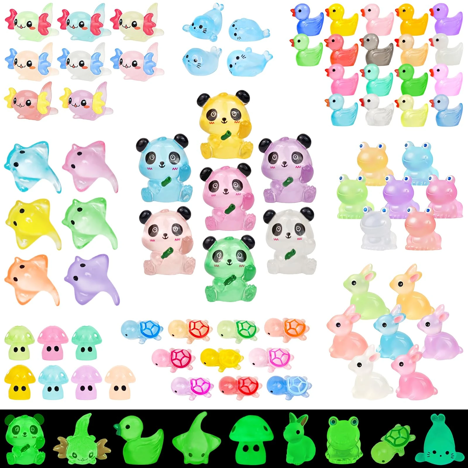 Feivando 120 Pcs Luminous Mini Resin Animals Glow in The Dark Small Little Tiny Resin Figurines Ducks Axolotls Garden Miniature Figures for Crafts Micro Landscape Decoration Fairy Garden Accessories