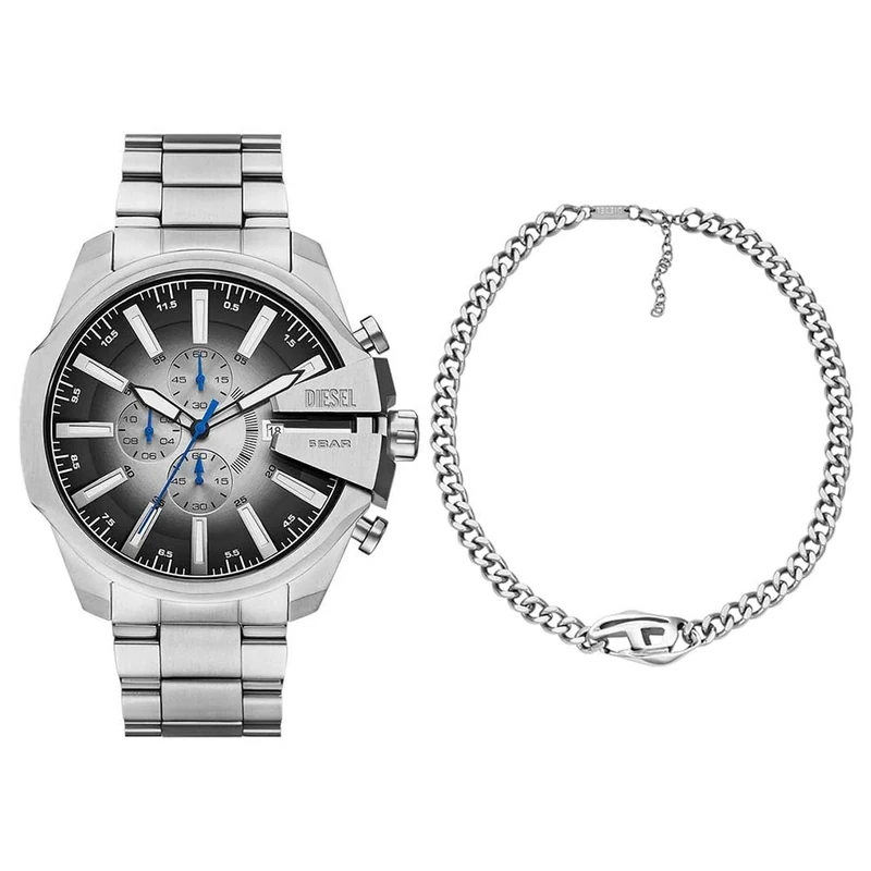 DIESEL Men's Silver- Tone Mega Chief Slim Stainless Steel Watch and Necklace, Set