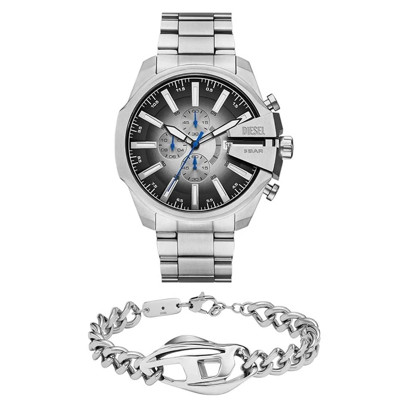 DIESEL Men's Silver- Tone Mega Chief Slim Stainless Steel Watch and Bracelet, Set