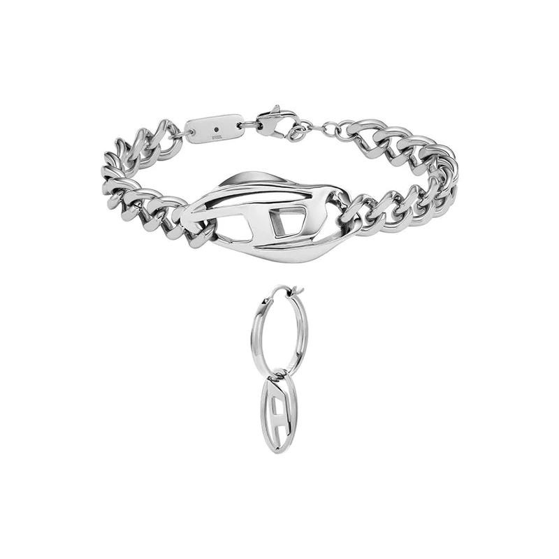 DIESEL Men's Two-Tone Stainless Steel Bracelet and Oval D Logo Silver- Tone Earrings, Set