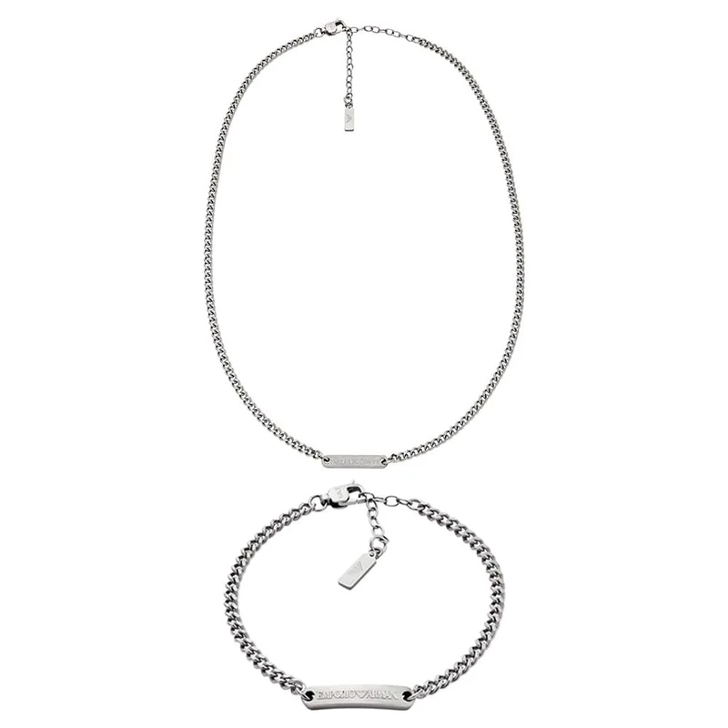 EMPORIO ARMANI Men's Silver-Tone Stainless Steel Necklace and Bracelet, Set