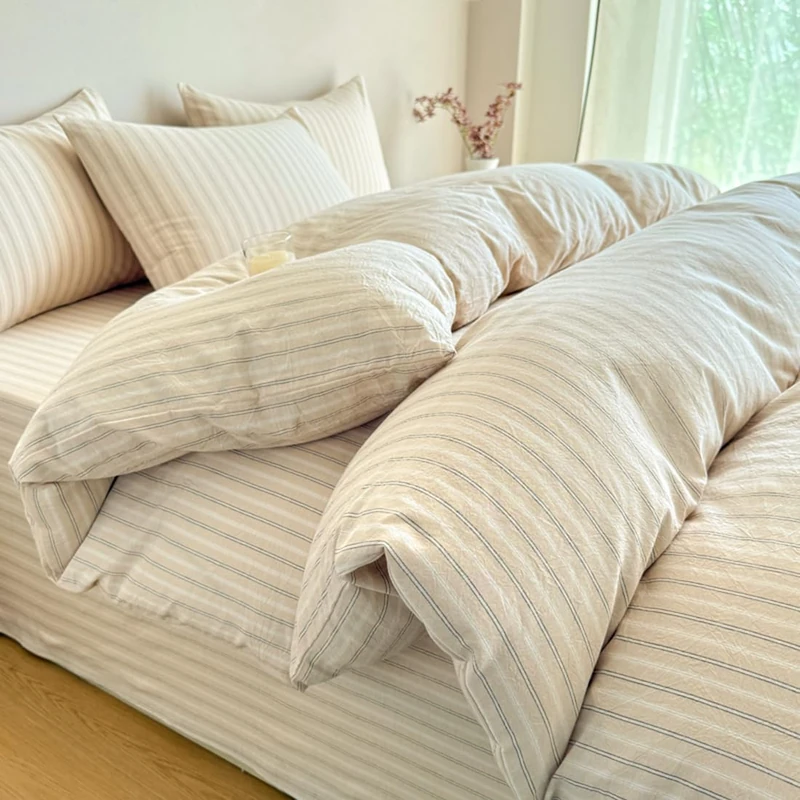 PinkMemory Beige Striped Duvet Cover Set King 100% Washed Cotton Beige Striped Bedding Duvet Cover Set with Stripe Pillowcases-Ultra Soft Breathable Zipper Closure Corner Ties
