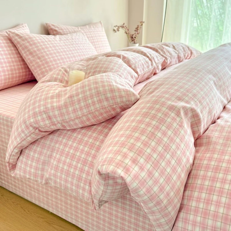 PinkMemory Pink Gingham Plaid Duvet Cover Set King 100% Washed Cotton Cute Pink Checked Bedding Duvet Cover Set for Girls with Pillowcases-Ultra Soft Breathable Zipper Closure Corner Ties