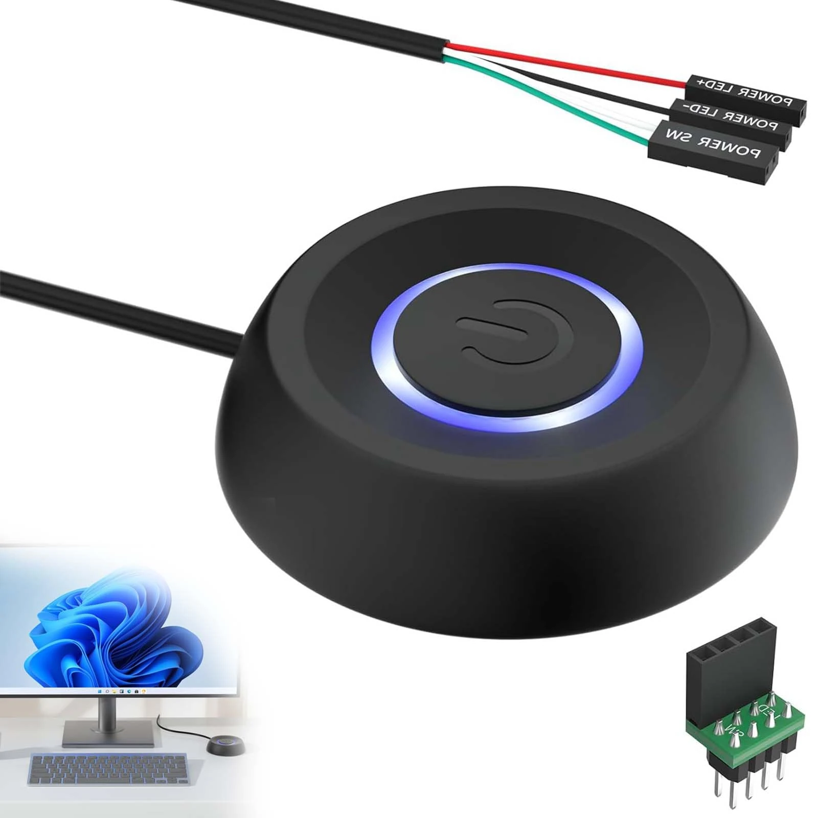 PC Power Button, PC Switch Cable with LED Light, External Extension Switch for Power on Key for Home Desktop, E-Sports Computers and Internet Cafes (Black, L)