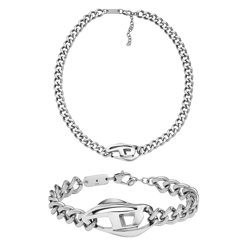 DIESEL Men's Silver- Tone Stainless Steel Bracelet and Necklace, Set