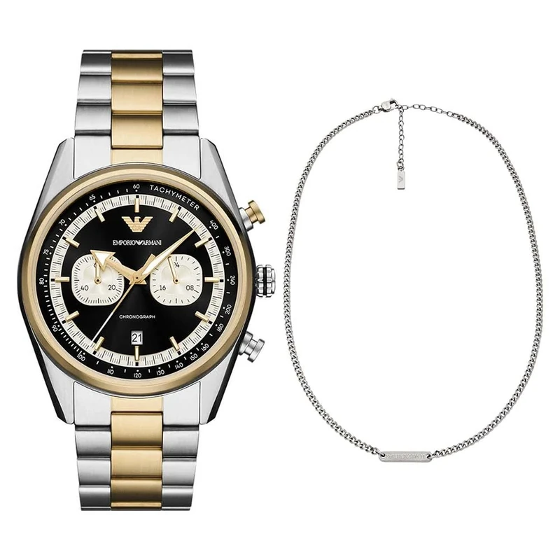 EMPORIO ARMANI Men's Two-Tone Stainless Steel Watch and Silver- Tone Necklace, Set