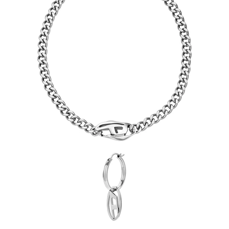DIESEL Men's Necklace and Oval D Logo Earrings, Silver- Tone Stainless Steel, Set