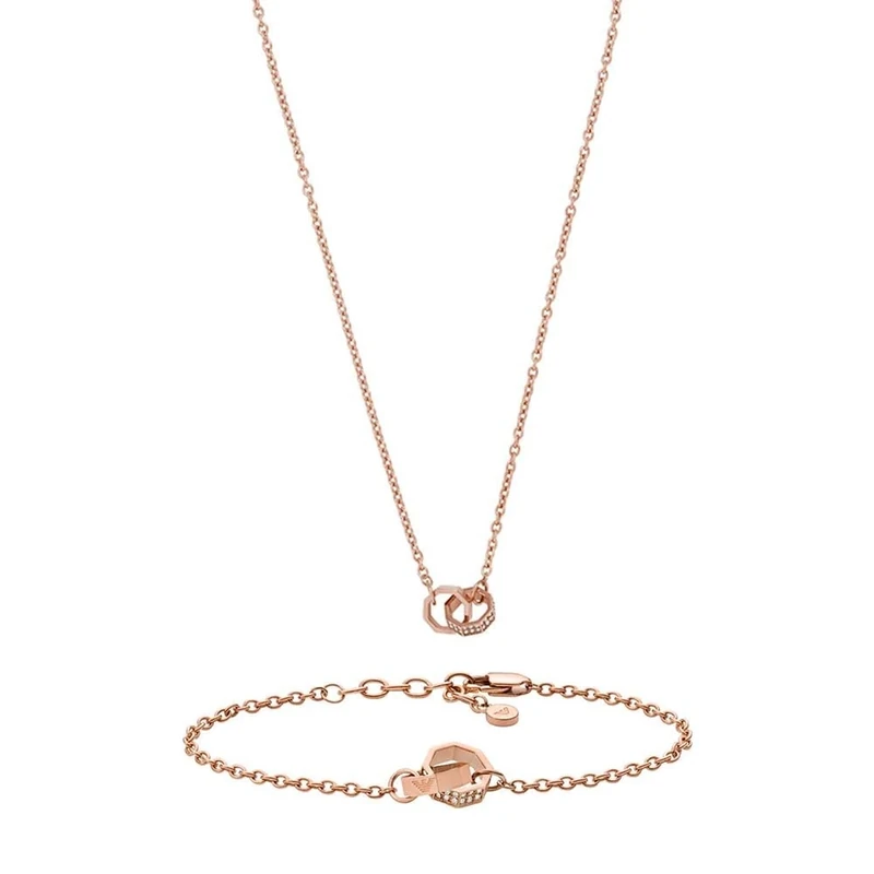 EMPORIO ARMANI Unisex Rose Gold-Tone Stainless Steel Necklace and Bracelet, Set