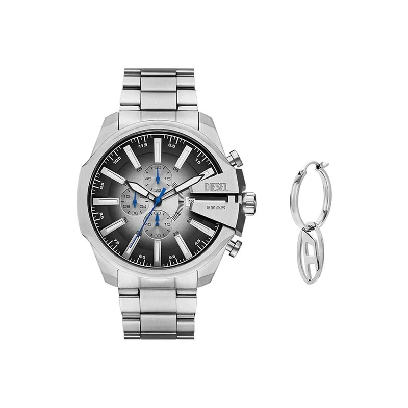 DIESEL Men's Mega Chief Slim Watch and Oval D Logo Earrings, Silver- Tone Stainless Steel, Set