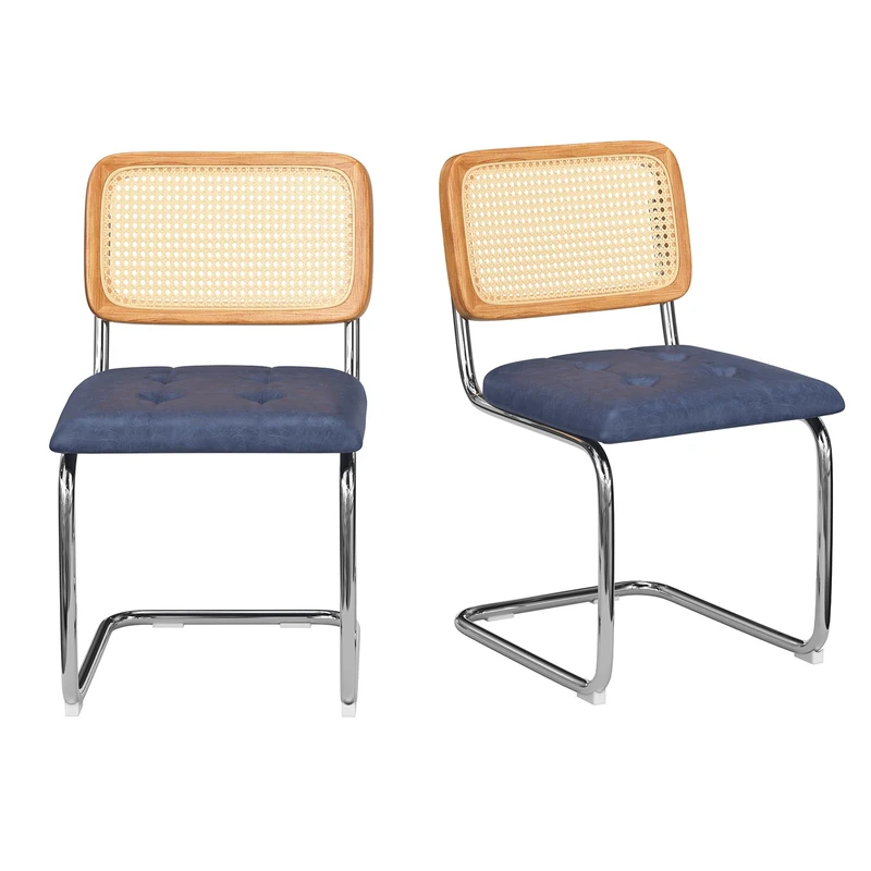 Farini Dining Chairs Set of 4, Rattan Back Kitchen Chairs with Sturdy Metal Legs & PU Upholstered Seats for Dining Room, Kitchen or Home Bar, Royal Blue