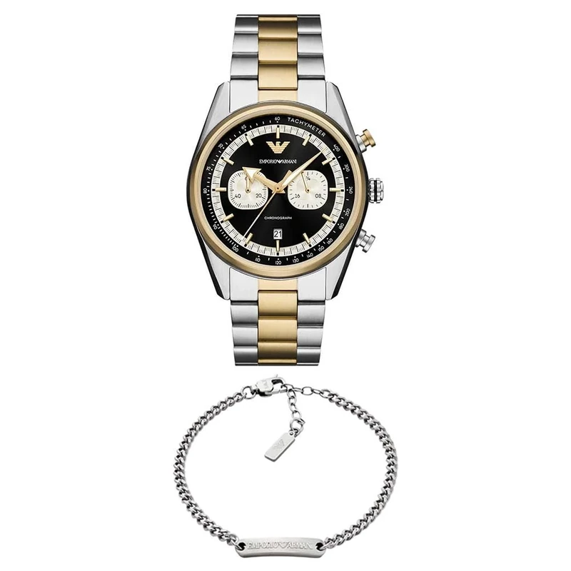 EMPORIO ARMANI Men's Two-Tone Stainless Steel Watch and Silver- Tone Bracelet, Set