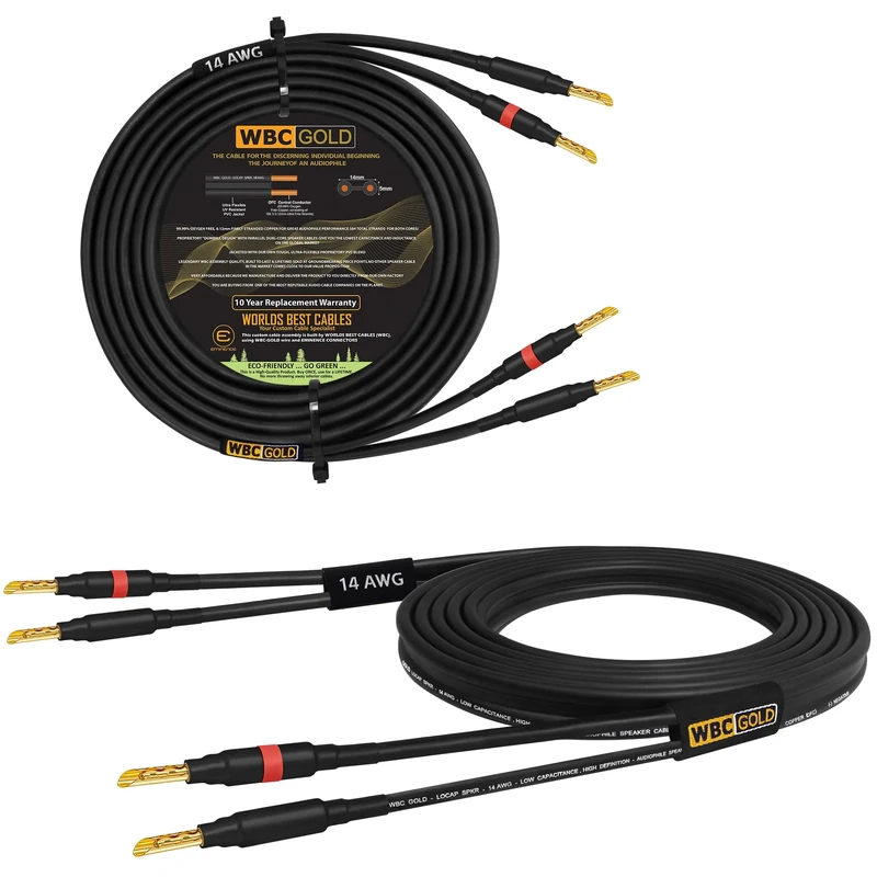 WORLDS BEST CABLES 20 Foot WBC-GOLD-LOCAP-SPKR-14 AWG - Low-Capacitance - Low-Inductance - High Purity OFC - Audiophile HiFi Speaker Cable Pair with Eminence Gold Banana Plugs