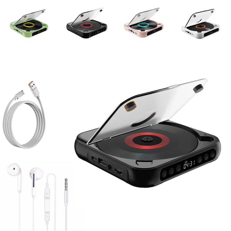 Portable Bluetooth-Compatible CD Player, Home Rechargeable Compact CD Player Built-in HiFi Speakers, Supports CD/AUX/USB and Repeat Modes, with Timer and LCD Screen Display (Black)