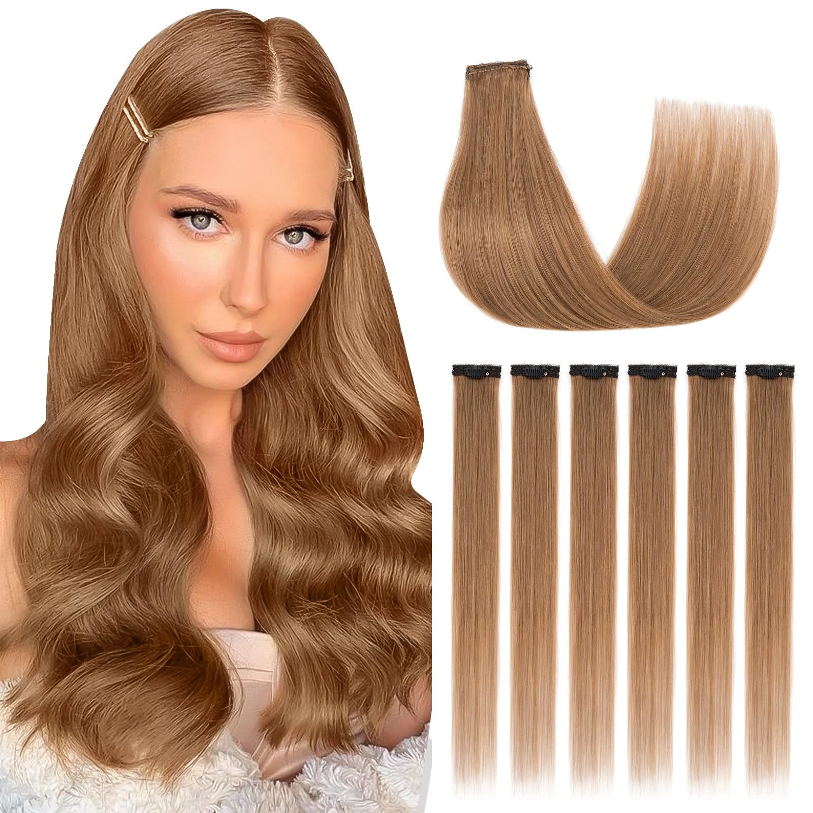 Silk-co Clip in Hair Extensions Real Human Hair Extension Double Weft With Lace Coverd Clip in Silky Straight 100% Natural Very Thin Highlight efffect for Women 6PCS 6Clip 14Inch #06 Light Brown 36g