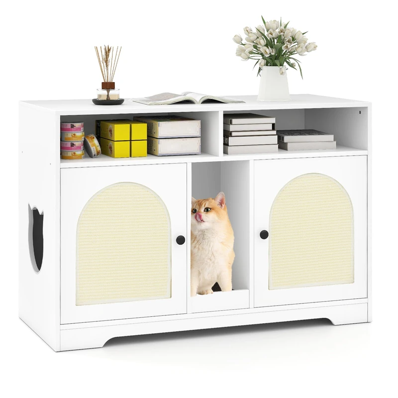 GYMAX Cat Litter Box Enclosure, Hidden Privacy Kitty Washroom Furniture Cabinet with Sisal Scratching Board & Mat, Indoor Wooden Cat House Side Table