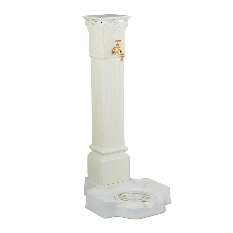 Relaxdays Column Fountain, Garden Water Featue, with Tap & Basin, HxWxD: 93 x 47 x 38 cm, Standing Patio Ornament, White, Brass, Aluminium