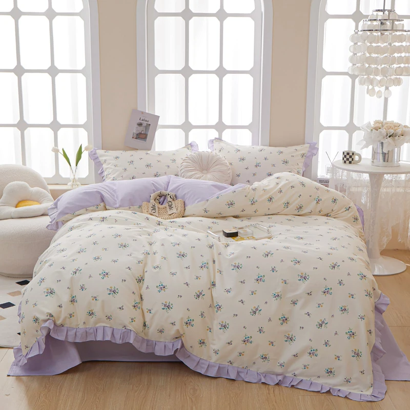 HighBuy Lavender Floral Comforter Set Full Princess Girl Ruffle Bedding Comforter Sets Farmhouse Coquette Cottagecore Bedding Set 1 Flower Comforter with 2 Pillowcases for All Seasons