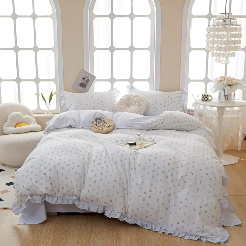 HighBuy Blue Flower Comforter Set Queen Romantic Girls Lace Comforter Fluffy Coquette Botanical Bedding Comforter Set Stripes 1 Lace Ruffled Comforter with 2 Pillowcases Lightweight All Season