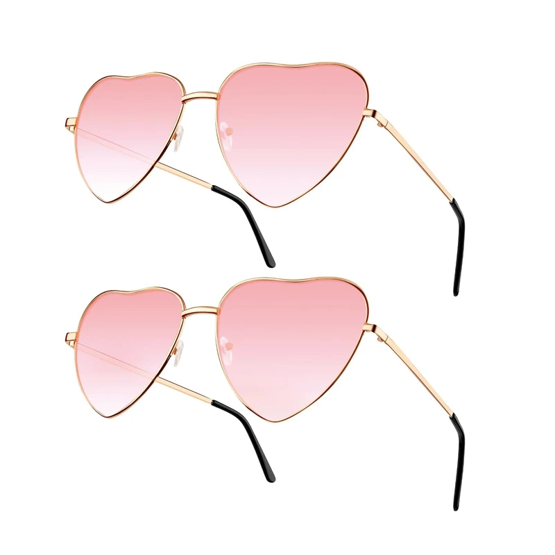 NACHLYNN 2 Pcs Heart Sunglasses - UV385 Metal Frame (Pink)