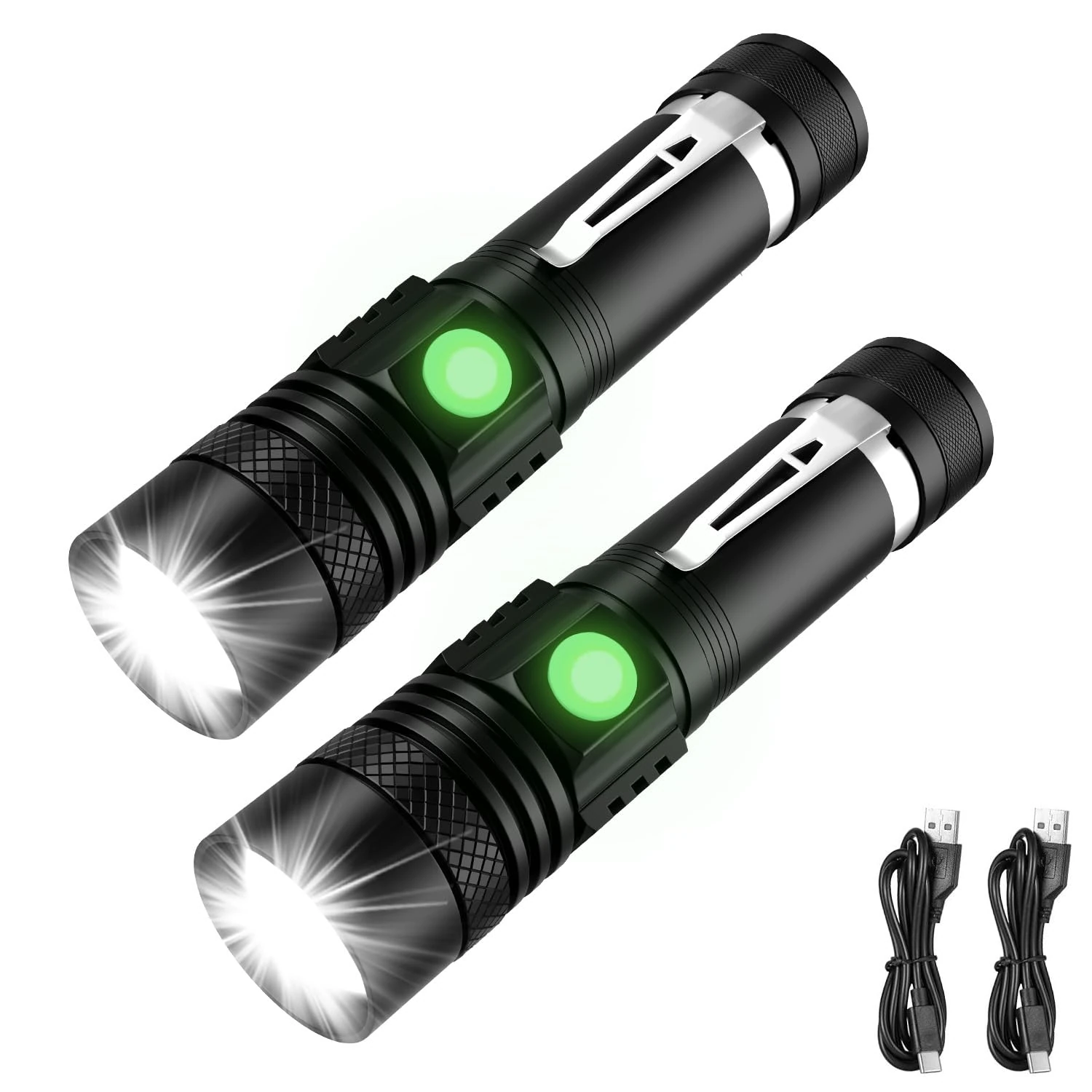 2PCS LED Torch Rechargeable,1400L Super Bright Adjustable Focus Flashlight,Waterproof Pocket Torch IPX6 Rated,Long Battery Life,4 Modes for Camping,Ultra-Bright Torches LED Super Bright