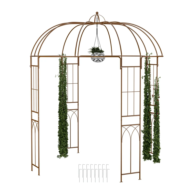 Relaxdays Garden Arbour, Metal Pavilion, HWD: 269x211x211 cm, Patio Gazebo, Climbing Support for Plants, Pergola, Brown