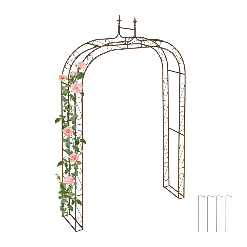 Relaxdays Garden Arbour, Metal, HWD: 240 x 155 x 39 cm, Rose Arch, Archway Trellis for Climbing Plants & Flowers, Brown, Steel