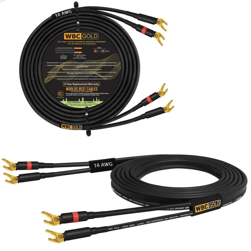 WORLDS BEST CABLES 30 Foot WBC-GOLD-LOCAP-SPKR-14 AWG - Low-Capacitance - Low-Inductance - High Purity OFC - Audiophile HiFi Speaker Cable Pair with Eminence Gold Spade Plugs