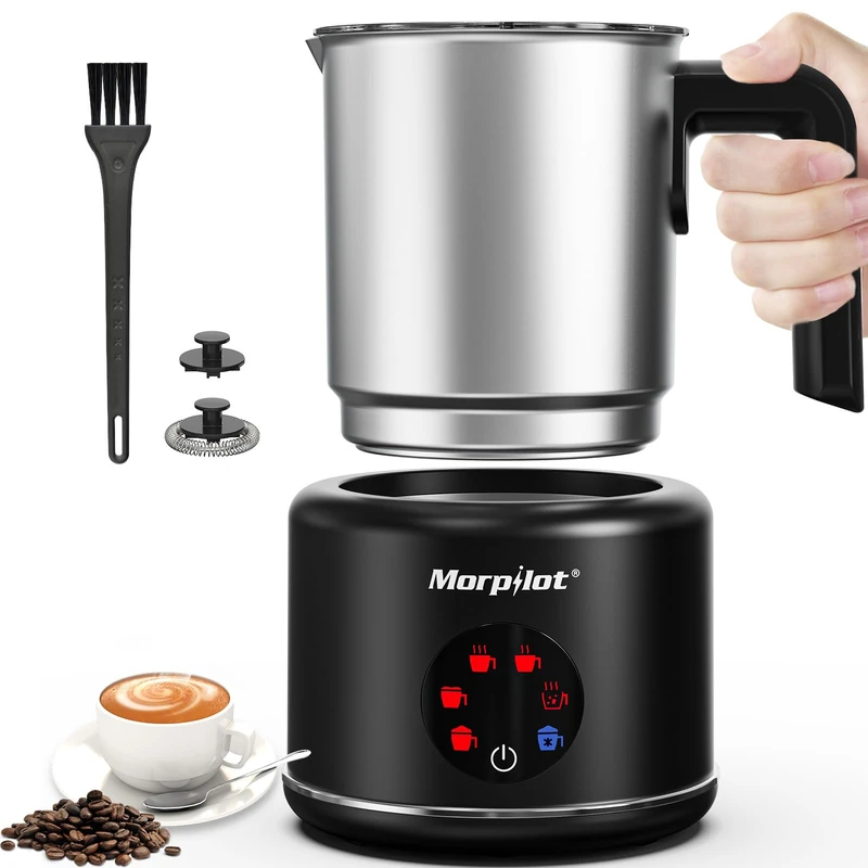 Morpilot Electric Milk Frother, 6-in-1 Milk Frother for Hot, Cold and Hot Chocolate, 130-500 ml, 600 W, Non-Stick Coating, Latte Design, Dishwasher Safe, Stainless Steel, Black