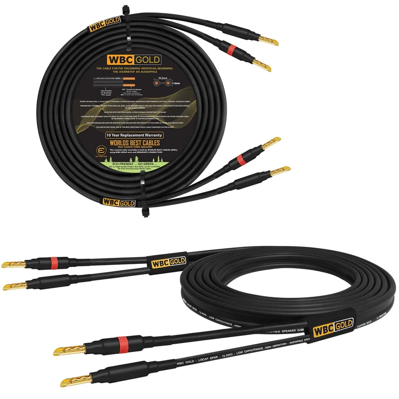 WORLDS BEST CABLES 10 Foot WBC-GOLD-LOCAP-SPKR-10 AWG - Low-Capacitance - Low-Inductance - High Purity OFC - Audiophile HiFi Speaker Cable Pair with Eminence Gold Banana Plugs