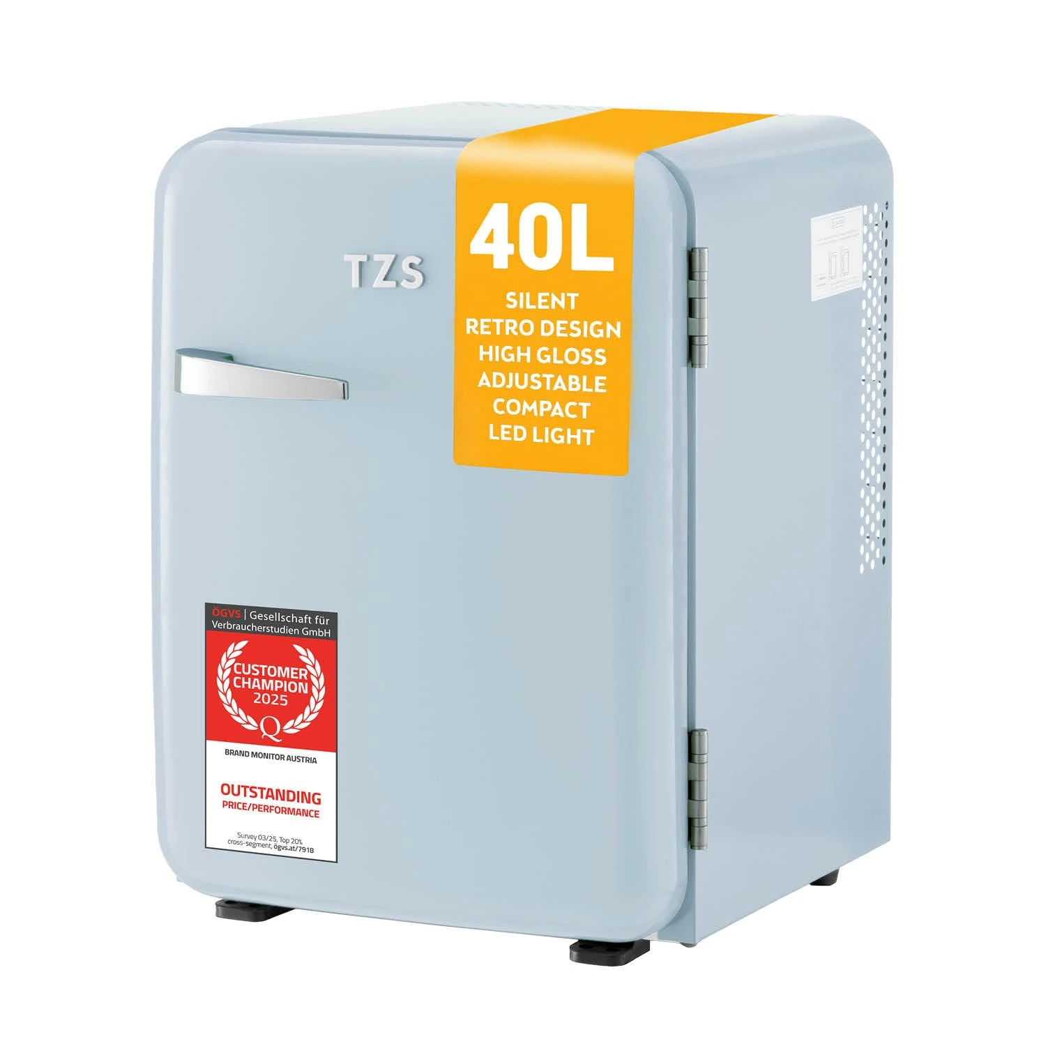 TZS First Austria - Retro Mini Fridge 40L Silent - Small mini fridge in vintage design with interior lighting & 2 door compartments - Minibar for camping, office, bedroom & hotel - lightblue