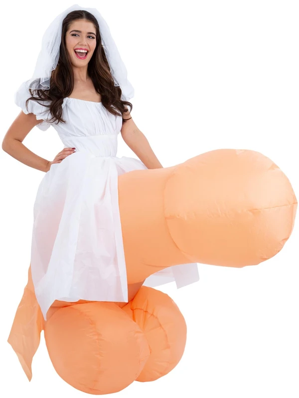 Smiffys Inflatable Bride Costume, Includes White Bride Dress with Veil & Inflatable Ride-On Penis, Funny Adult Hen Party Fancy Dress Costume with Fan - Image 1