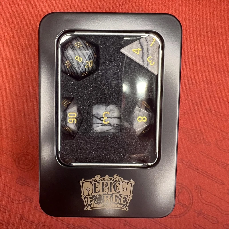 Epic Forge -Semi Precious Cube Stone - Set of 7 Dice with Metal Tin - Natural - Jasper Grey - Image 1