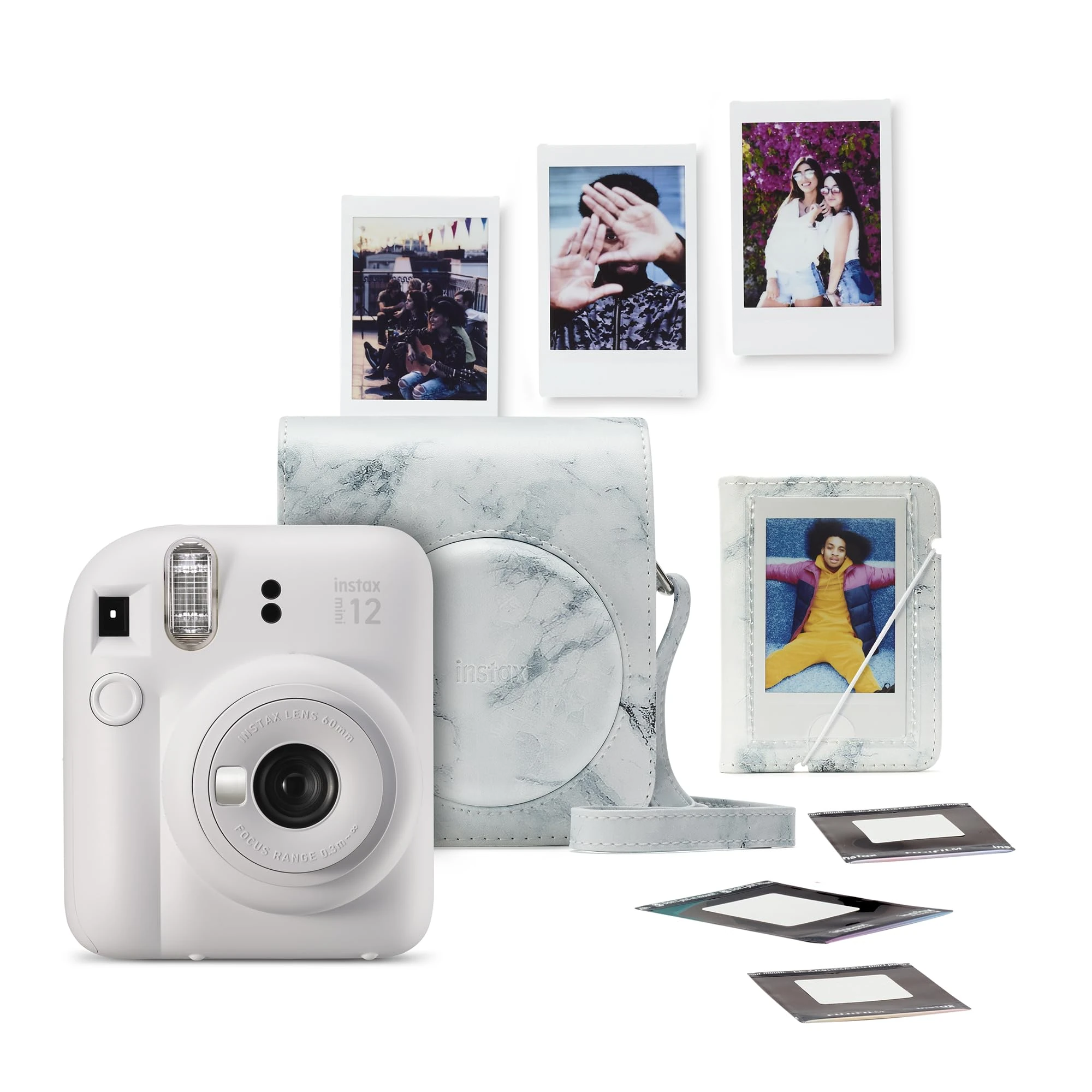 instax mini 12 instant camera bundle,pack contains; Camera, Ready-to-take camera case, mini photo albu in white marble finish, 1 x 10 shot mini white border instant film, photo stickers