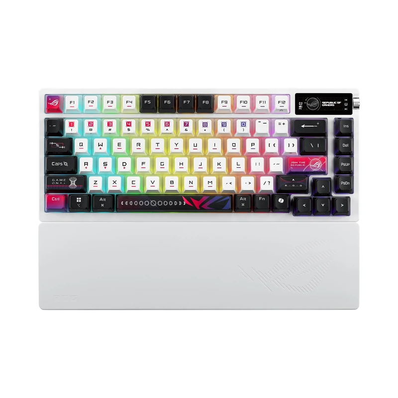 ASUS ROG Azoth X Personalised Gaming Keyboard, ROG NX Snow V2 Switch and Shock Absorbing Foam, Semi Transparent Keycaps, RGB Lighting, OLED Display, Wrist Rest, White