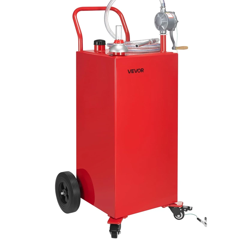 VEVOR 40 Gallon Fuel Caddy, Gasoline & Diesel Fuel Tank with Manual Transfer Pump, Portable Fuel Storage Tank with 4 Wheels & 10 ft Hose, Gas Caddy for Cars, Lawn Mowers, ATVs, Boats, More, Red