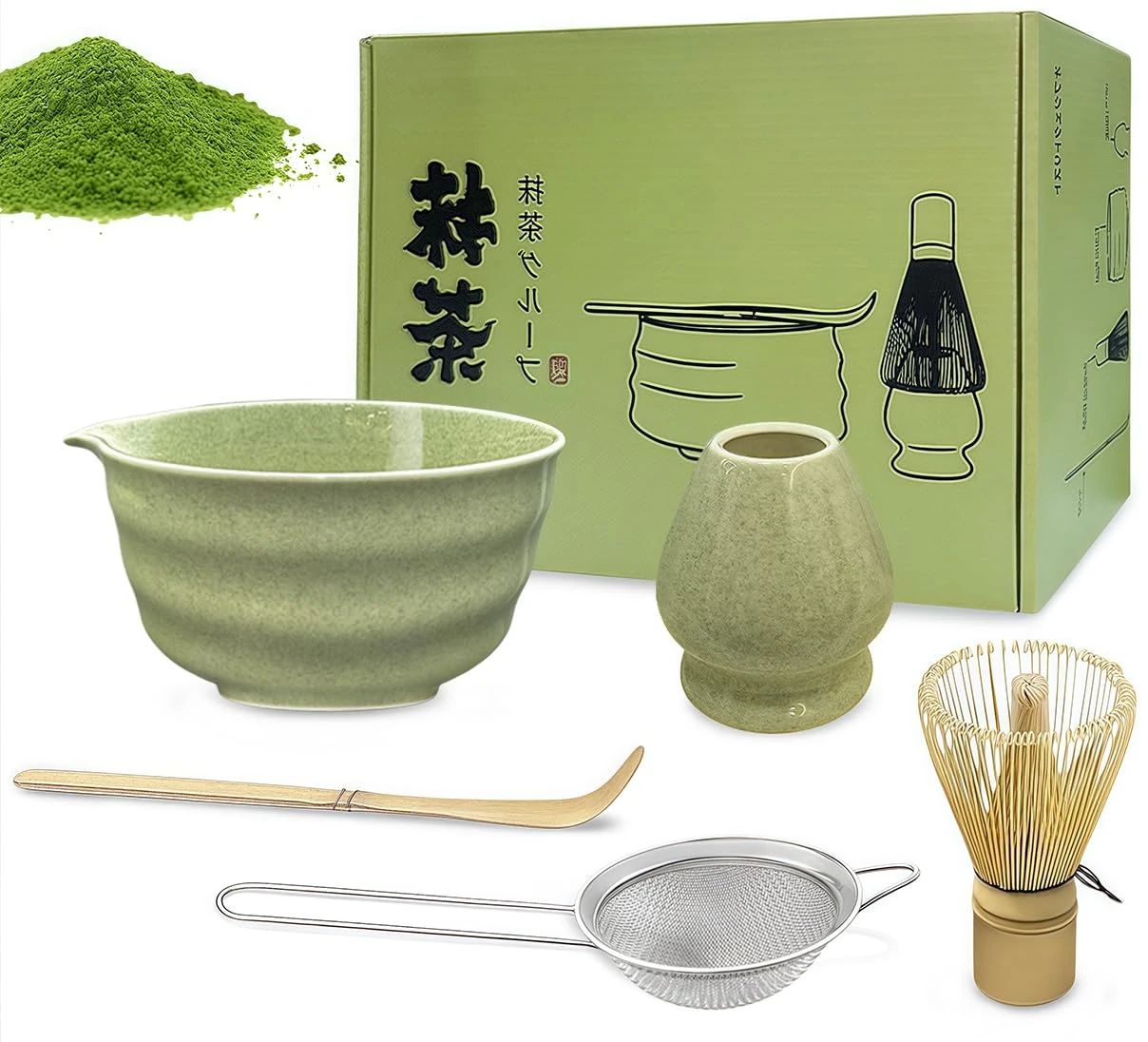 Matcha Set Whisk and Bowl Kit, Matcha Tea Set Gift Includes Ceramic Bowl with Pouring Spout, Bamboo Spoon, Sifter, Bamboo Whisk and Broom Holder, for Beginners and Enthusiasts