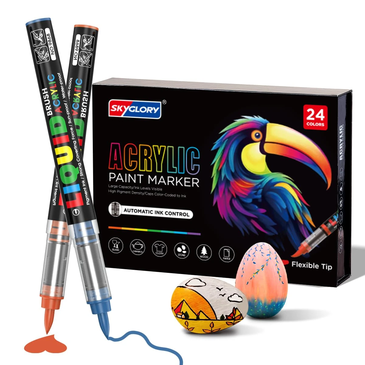 SKYGLORY 24 Colours Direct Liquid Ink Acrylic Paint Markers - Flexible Brush Tip Acrylic Brush Markers for Rock, Wood & Fabric (24)