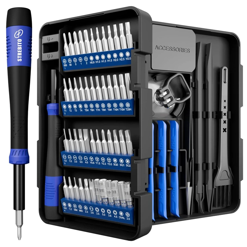 STREBITO Small Precision Screwdriver Set 64-Piece with Torx, Triwing, Pentalobe, Electronics Repair Tool Kit for Computer, PC, Laptop, MacBook, Tablet, Phone, PS5, Glass, Ring Doorbell