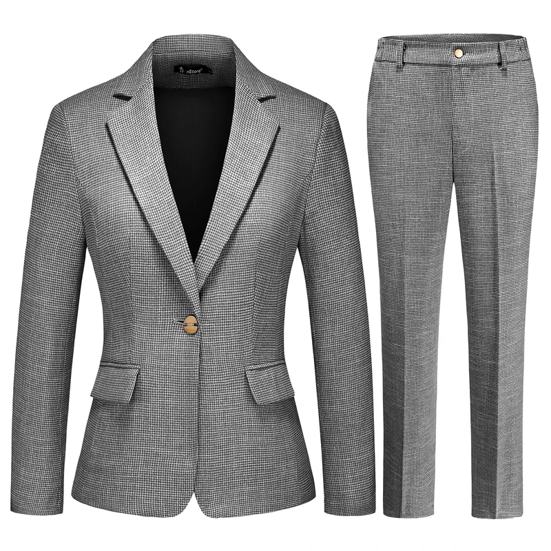 TRONSTORE Women's Suit 2 Piece Set Business Pants Suit for Women Pinstripe Houndstooth Blazer, Black, Large