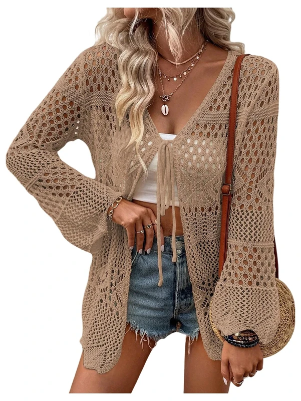 GORGLITTER Women's Crochet Hollow Out Swimsuit Cover Ups V Neck Tie Front Long Sleeve Beach Kimono Khaki Small