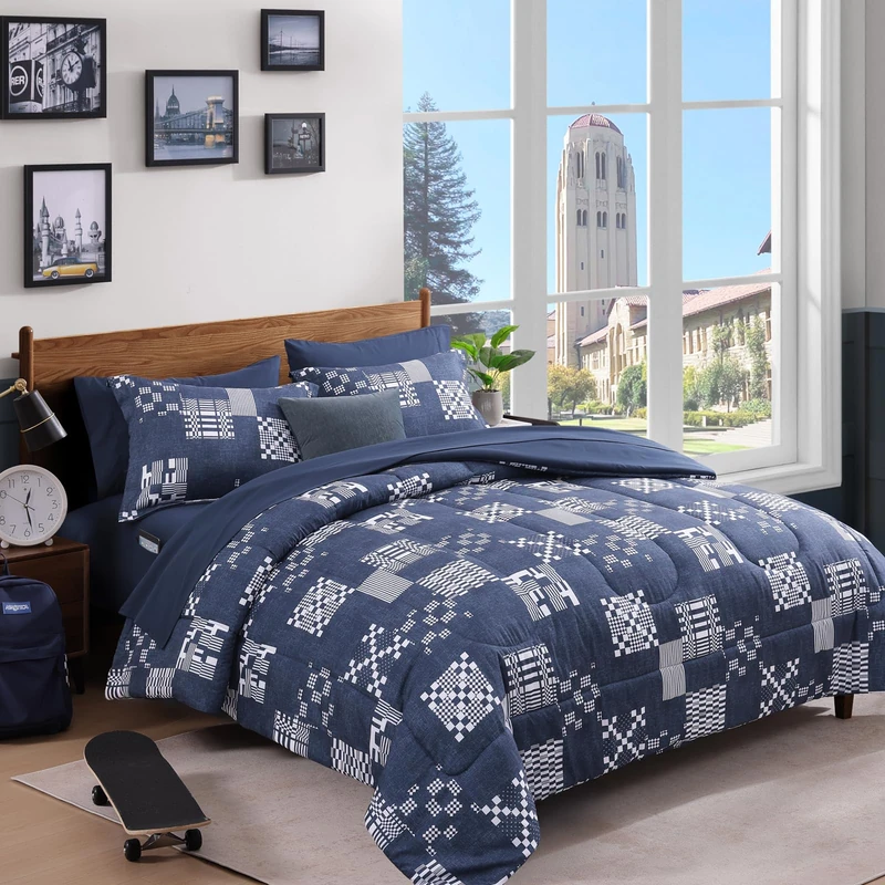 Plaid Queen Comforter Set Navy Blue 7 Pieces Bed in a Bag for Boys Teen