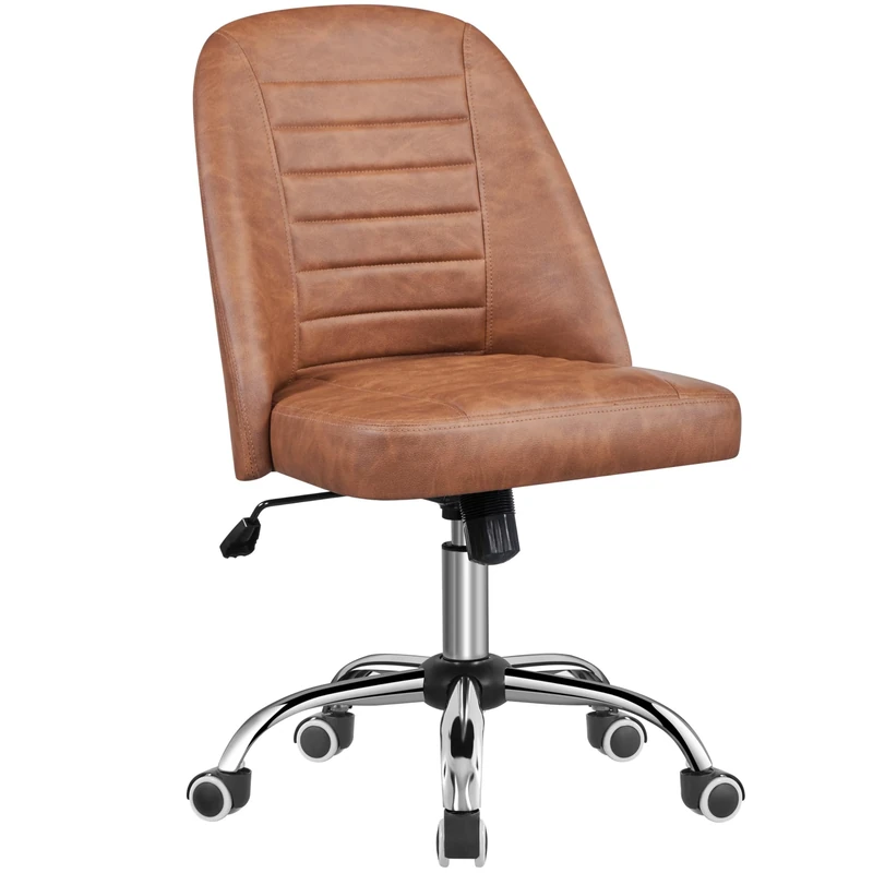 Yaheetech Faux Leather Mid Back Armless Office Desk Chair Modern Adjustable Swivel Vanity Chair with Rolling Wheels, Retro Brown