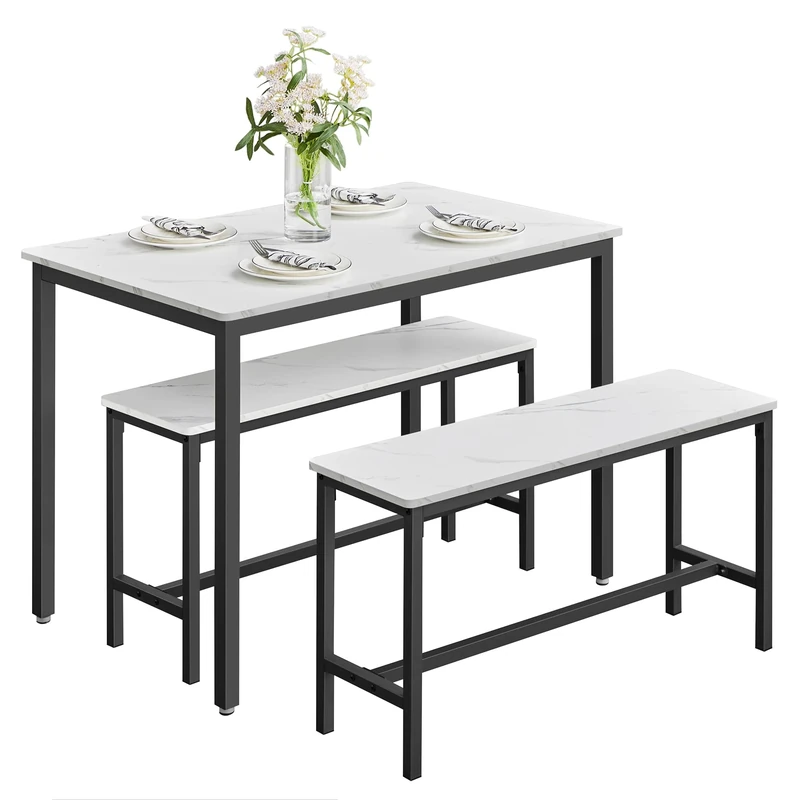VASAGLE Dining Table with 2 Benches, 3 Piece Set, Kitchen Table of 70 x 110 x 75 cm, 2 Benches of 30 x 97 x 50 cm Each, Steel Frame, Marble White and Ink Black KDT070B59